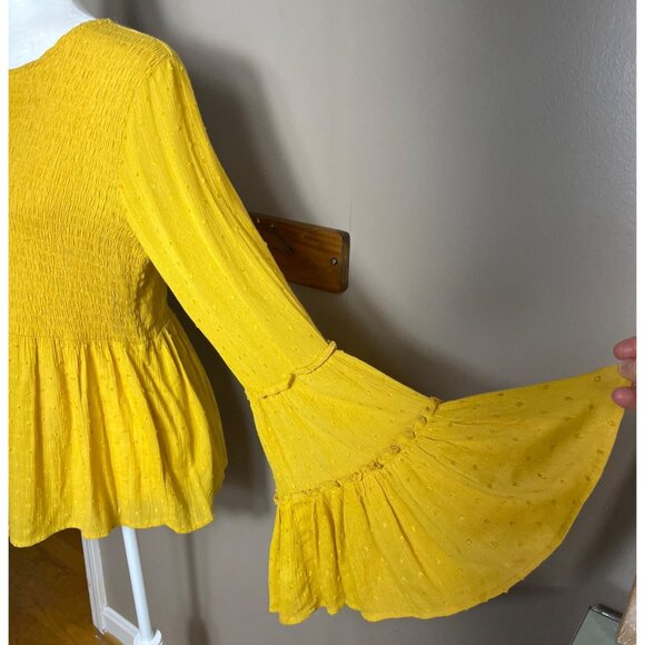 Altar'd State Top Tiered Ruffle Sleeve Smock Tunic Boho Romantic Mustard Women S - Picture 2 of 8